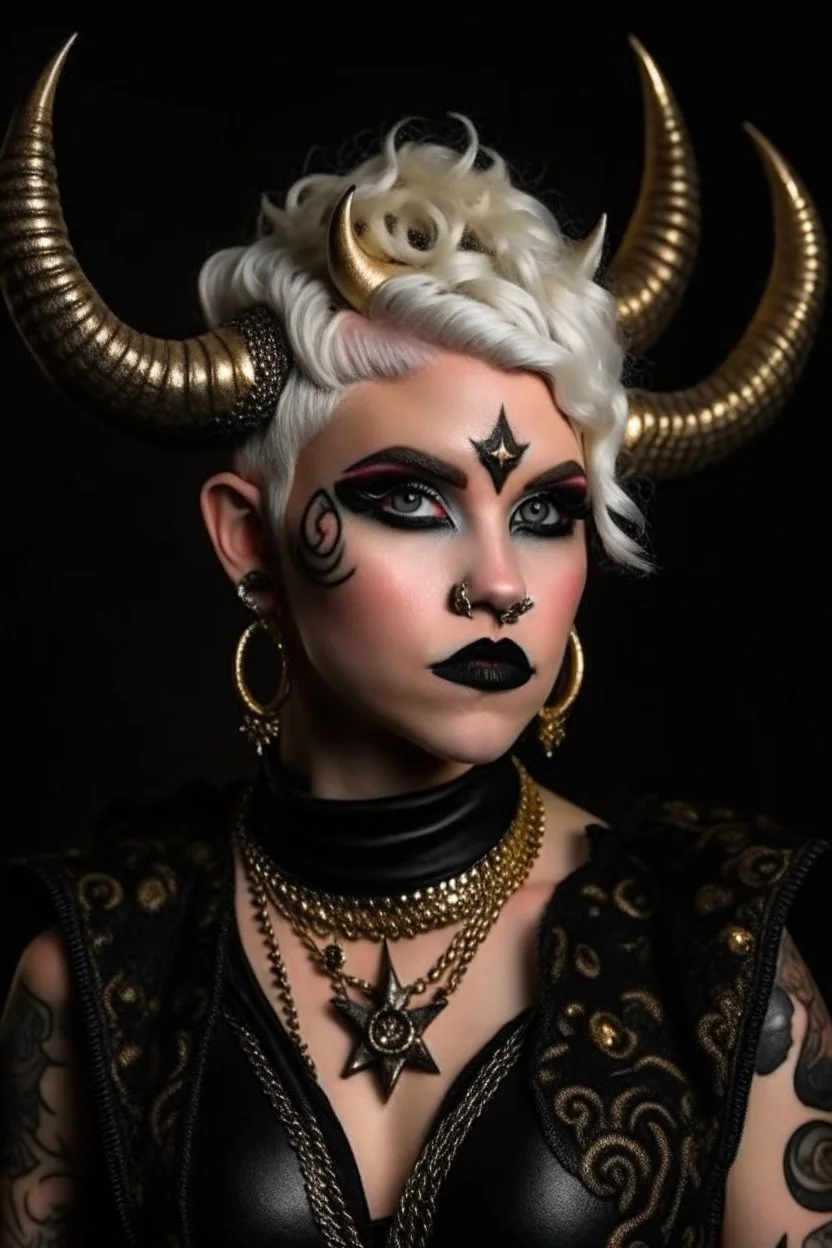 A young tiefling woman with a set of ram horns on her head encrusted with jewels, White-Blonde, short hair, black eyes, dressed in black with lots of jewelry, beautiful, satanic tattoos on her neck