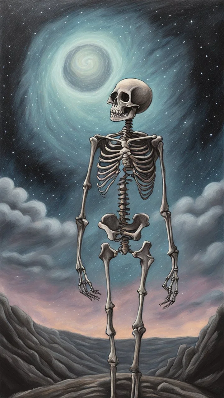 A pastel painting of a skeleton on a hilllookin into the night sky. A nebular in the sky. Painting. Pastel colours. Masterpiece.