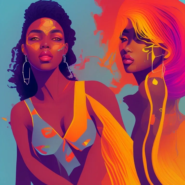 Portrait of beautiful black woman, illustration, bright colors, long hair