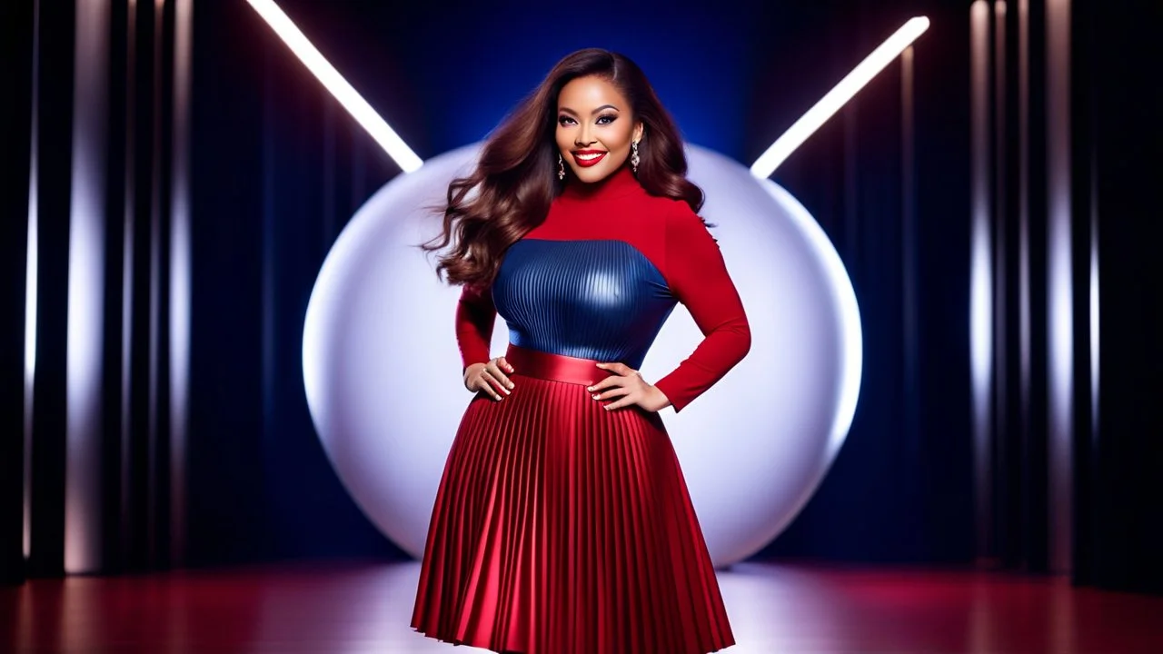 a pretty stage made of metallic blue-gray teme 3d recursive cubic and sphere base structures and a beautiful fashion model lady posing with joy and cute ,with dark red top and pretty pleated midi skirt ,makeup curvy long hair,dynamic camera zoom to full body and pan, dynamic lights.