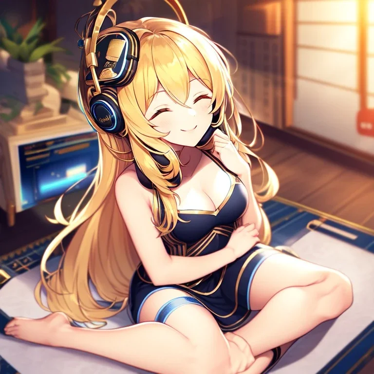 girl, masterpiece, best quality, volumetric lighting, detailed outfit, perfect eyes, golden hair, long hair, closed eyes, headphones on head, listening to music, smile, sitting, indoors, god rays, legs up to chest,