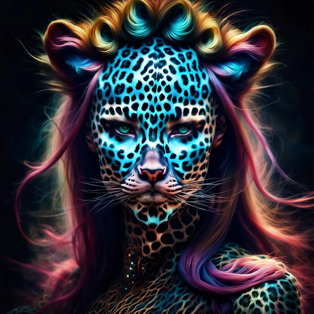 candy leopard, portrayed with the intricate facial features and extremely detailed pupils characteristic of Stefan Gesell's style, blended with the elongated forms and dramatic chiaroscuro reminiscent of El Greco, conveyed through a light painting technique with push processing, incorporating holographic elements for a dreamy, vibrant effect, soft skin texture, clarity achieved, supporting a perfect composition, cinematic atmosphere, delicate detail