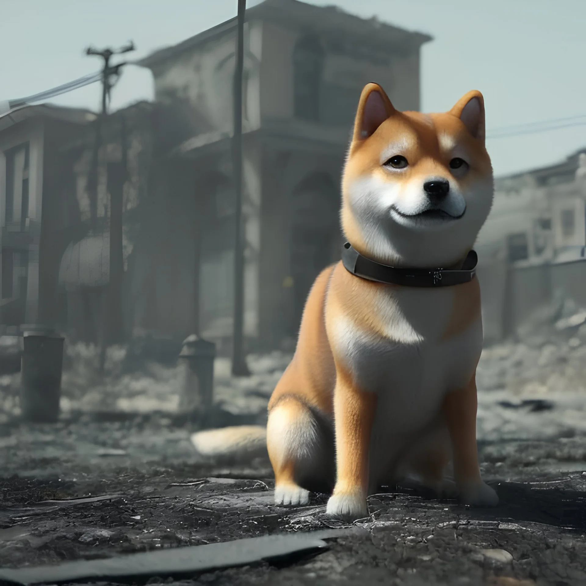 shiba inu on abandoned city street realistic apocalypse