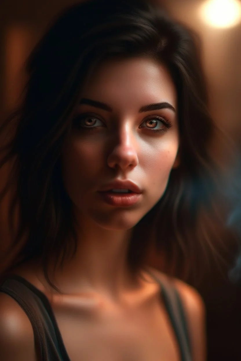 a cute brunette that stares at us like we are the prettiest demons she has ever seen, its such a perfect day, motion blur, smoke, 8k, downlight, soft light, depth of field, photorealism, trending on art station, lotsa detail