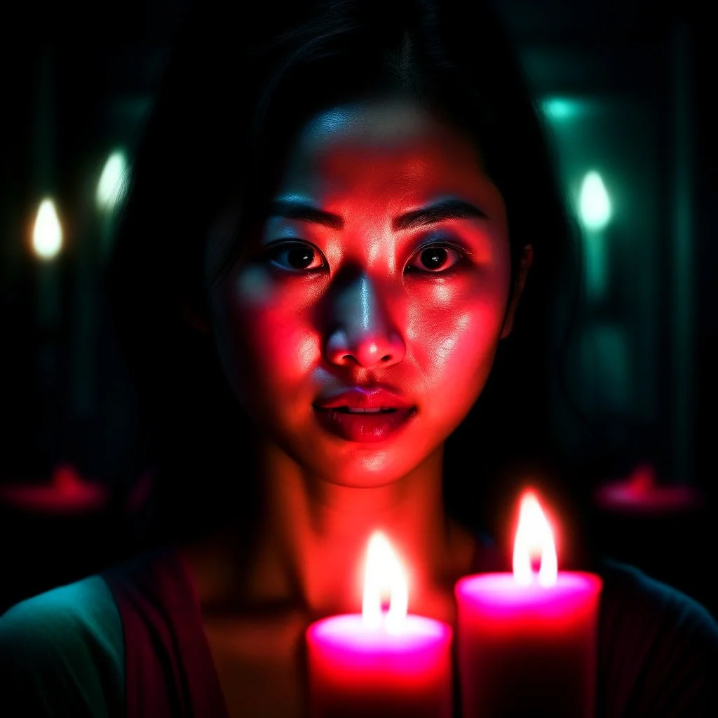 asian horror woman birthday, motion blur, 8k, downlight, soft light, depth of field, photorealism, trending on art station, lotsa detail