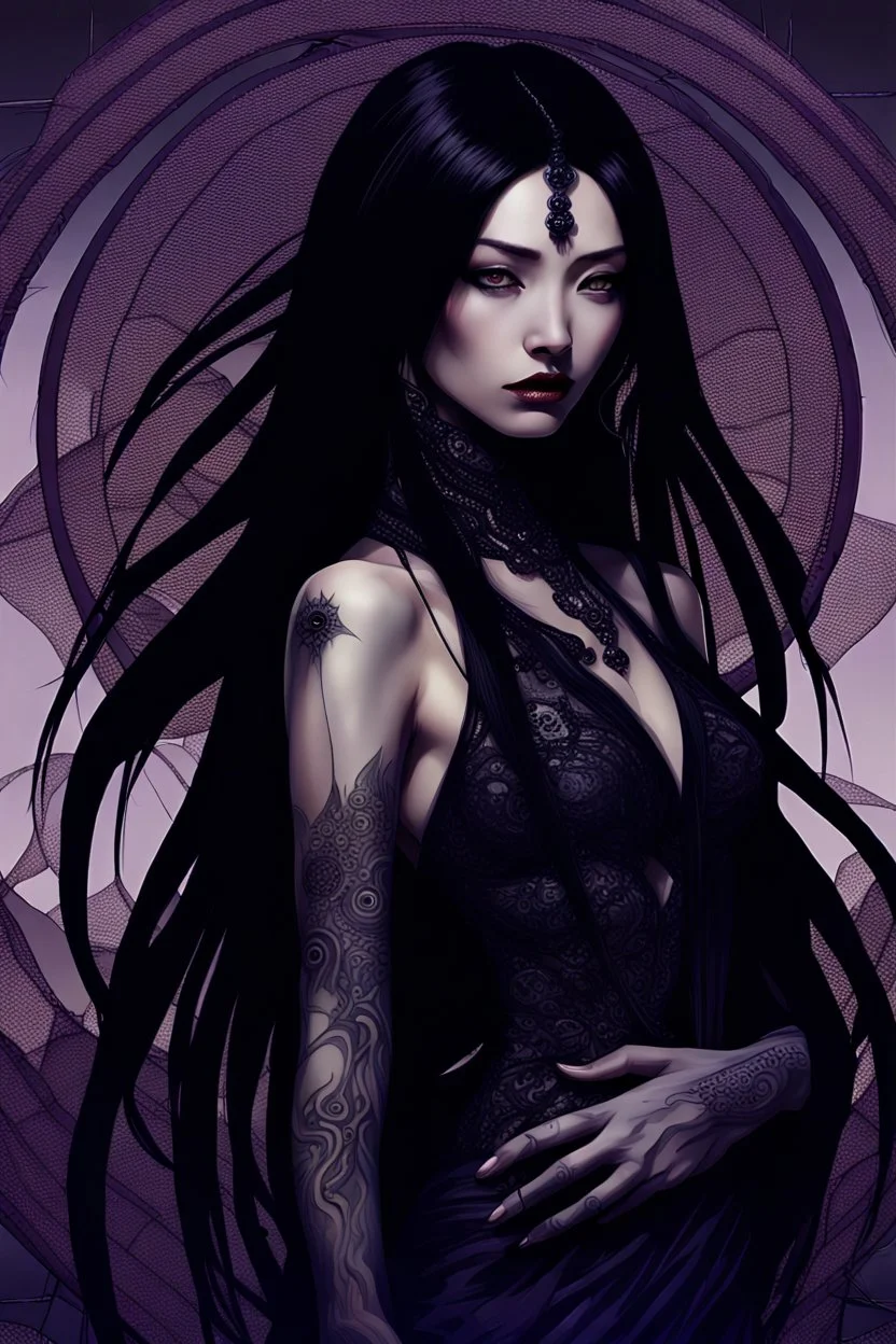 a woman with dark purple-black long hair and black tattoos on her body, a cold, indifferent expression, silver and black onyx jewelry, black lace dress, cybernetics, crepy stunning anthropomorphic female, Minjae Lee vibe, cbybernetic and etheral human, ancient deity, by Vincent Lefevre and Yoshitaka Amano, stunning 3d