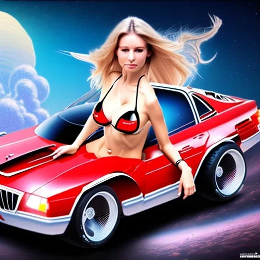 huge breast bikini alien woman on pedal car