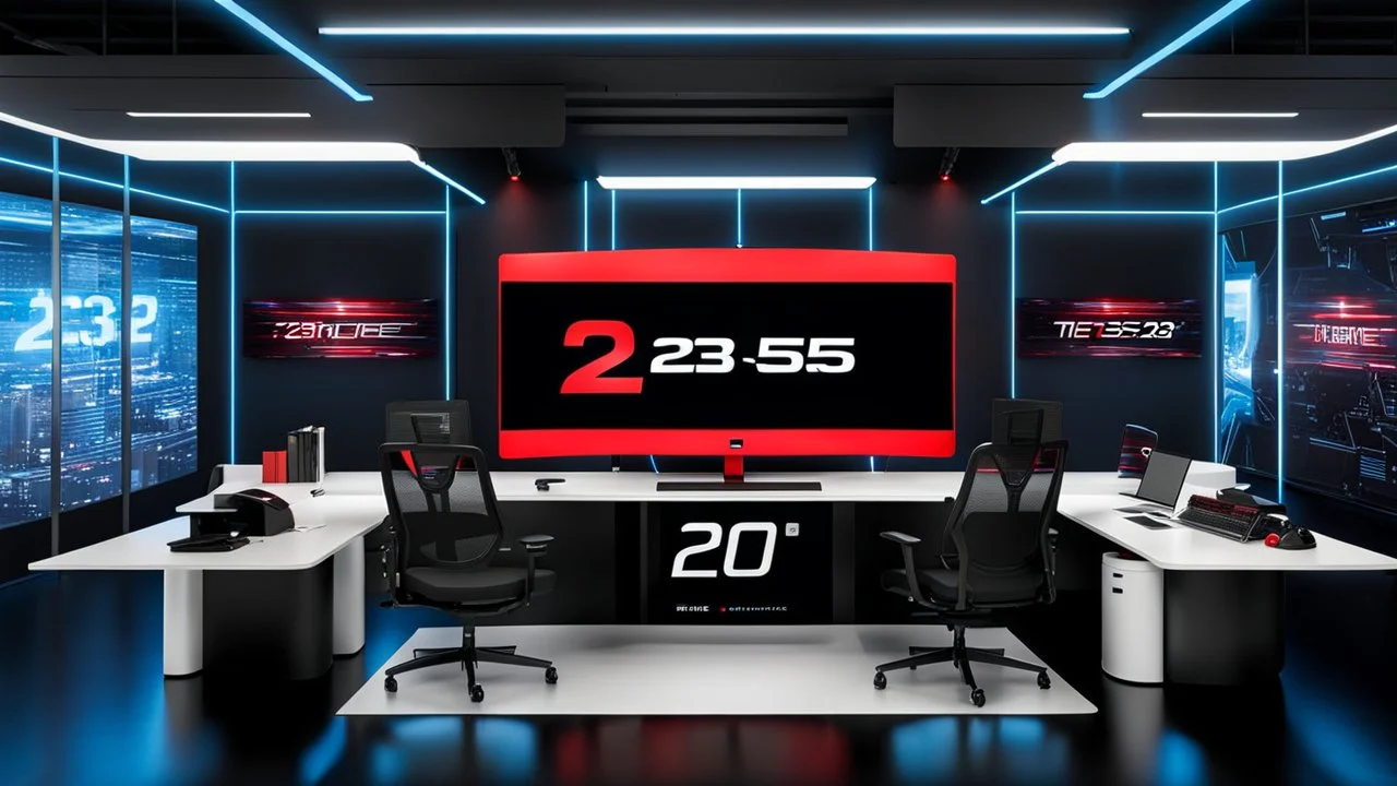 in the foreground there is a huge hd pc monitor on a modern design desk on a black background with a red inscription, text: 23:59, in the background a futuristic studio, blue and white neon lights, some modern black office chairs