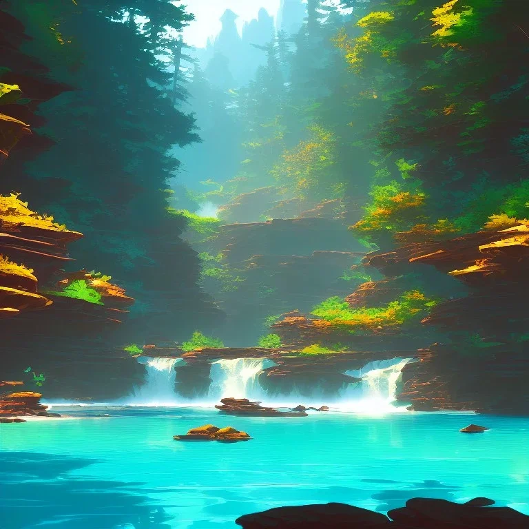 turquoise river, sun, waterfalls, fairy castle