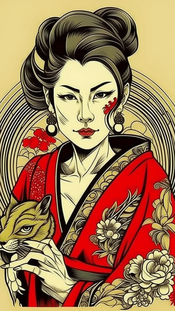 portrait of yakuza lady, Japanese art style