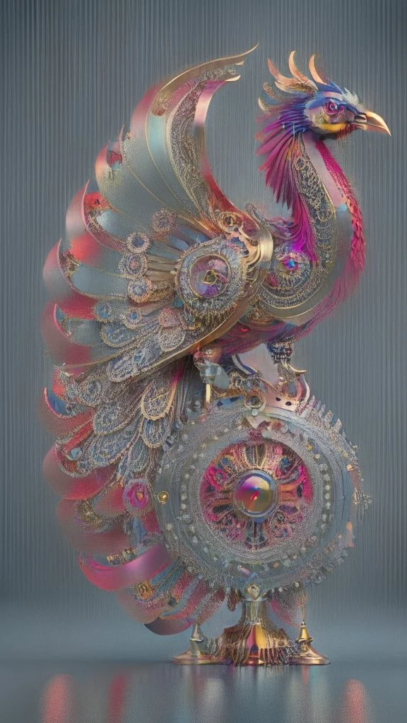 huge red gold black peacock, with clockwork gear on its back, symmetric, mandala, hyper realistic, futuristic, unreal engine5, octane render, 3D rendering, white background, digital art, in the style of Android Jones, mechanism, engine parts, vivid colours, side light, 16k