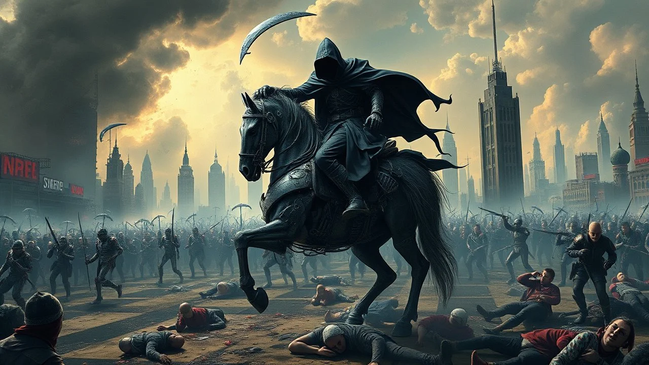 A chaotic cyberpunk interpretation of Bruegel's "The Triumph of Death", capturing the metaphorical harvest of humanity. A vast, dystopian metropolis under a toxic smog sky, where cybernetic grim reapers are executing a digital and physical harvest. Many of humans and transhuman citizens killed are overwhelmed by an army of cyber skeletal warrior androids, fight with humans, panicking people, bodies lying on the ground. In the foreground a cyber-death warrior in black hood on mecha-horse