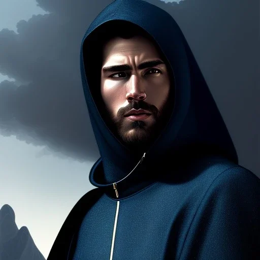 ultra realistic illustration, man in a dark blue hood, with black hair, mysterious, poker man, highly detailed, digital painting, artstation, concept art, smooth, sharp focus, illustration, art by artgerm and greg rutkowski and alphonse mucha