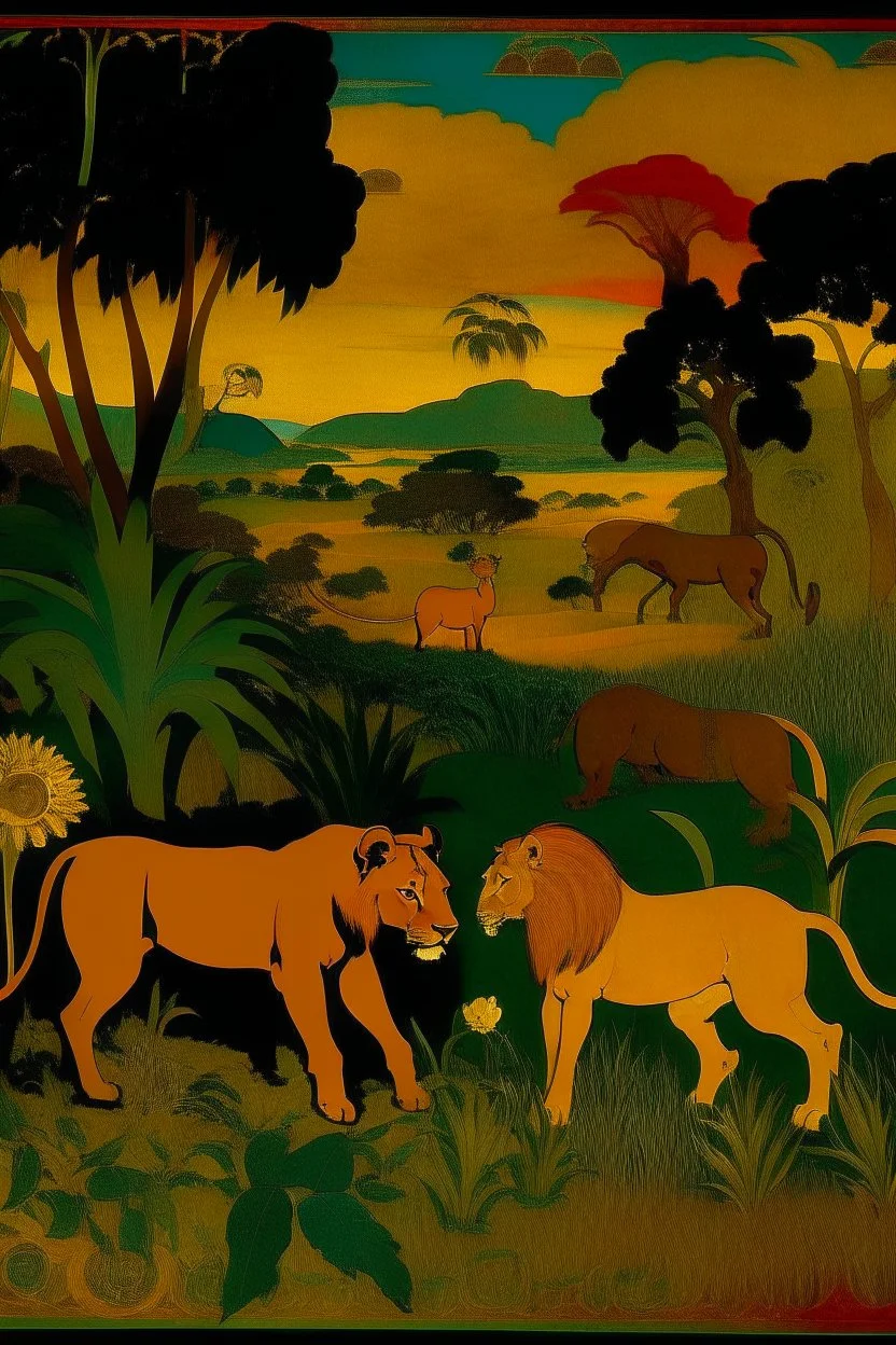 A mechanical savanna with lions painted by Paul Gauguin