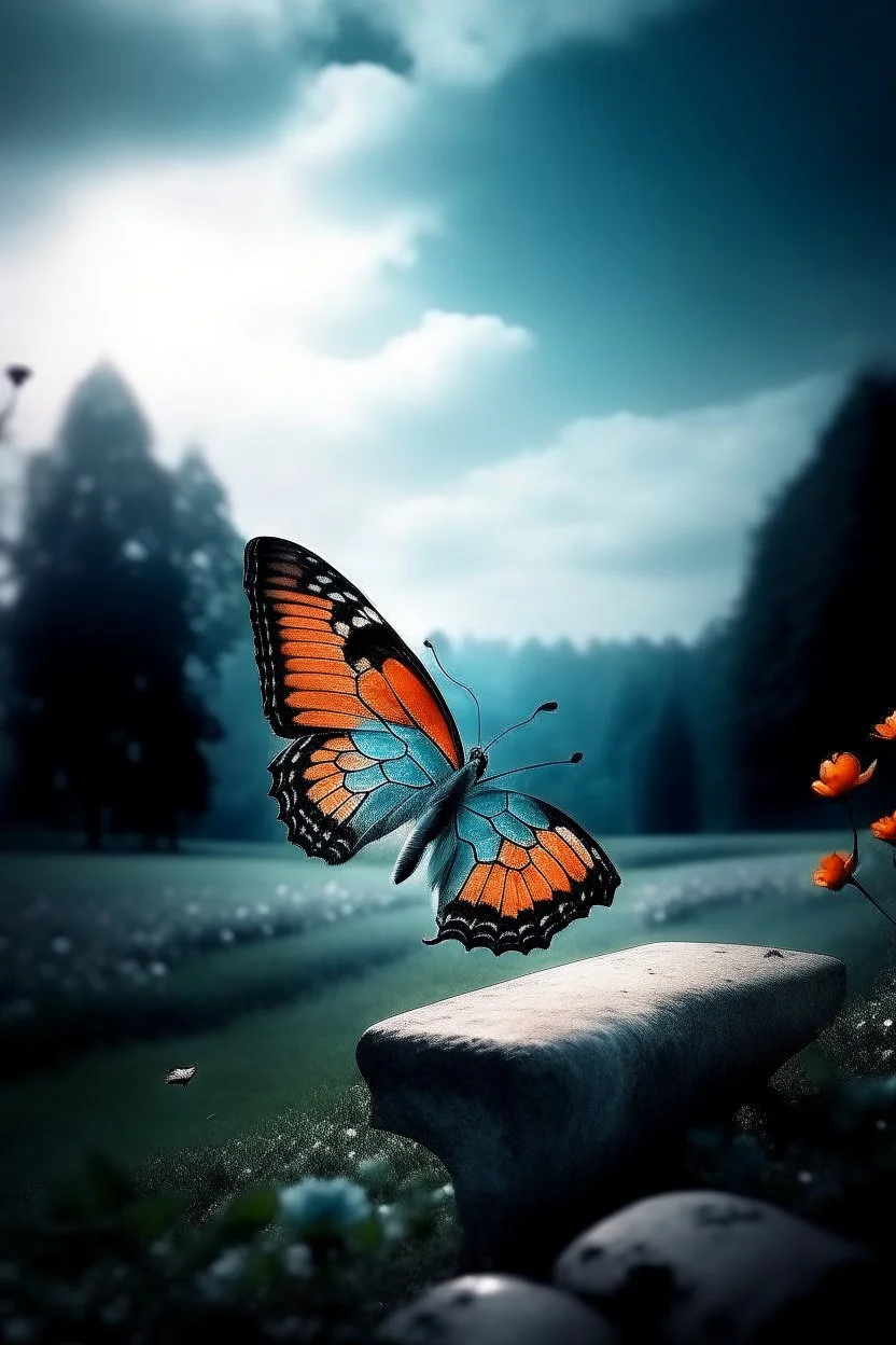 Beautiful Butterfly fading and floating into the sky butterfly flying out of the graveyard