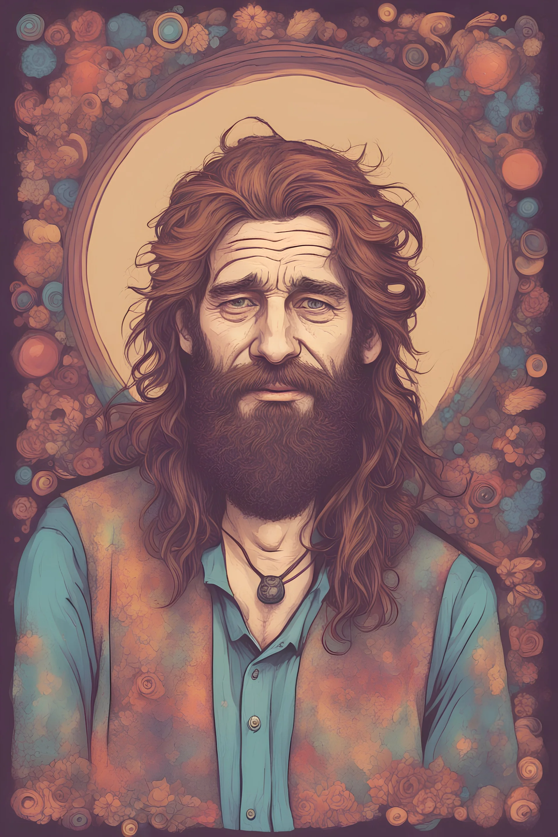 Hippie bohemian man with poor hair and beard. Ugly face and psychedelic style