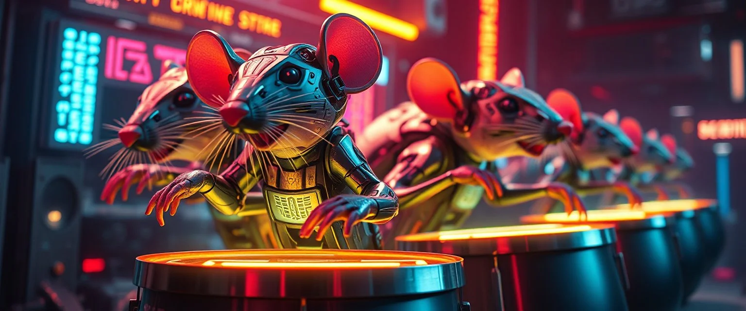 cyberpunk imagery synchronized mechanical rat drumming flickering stable core