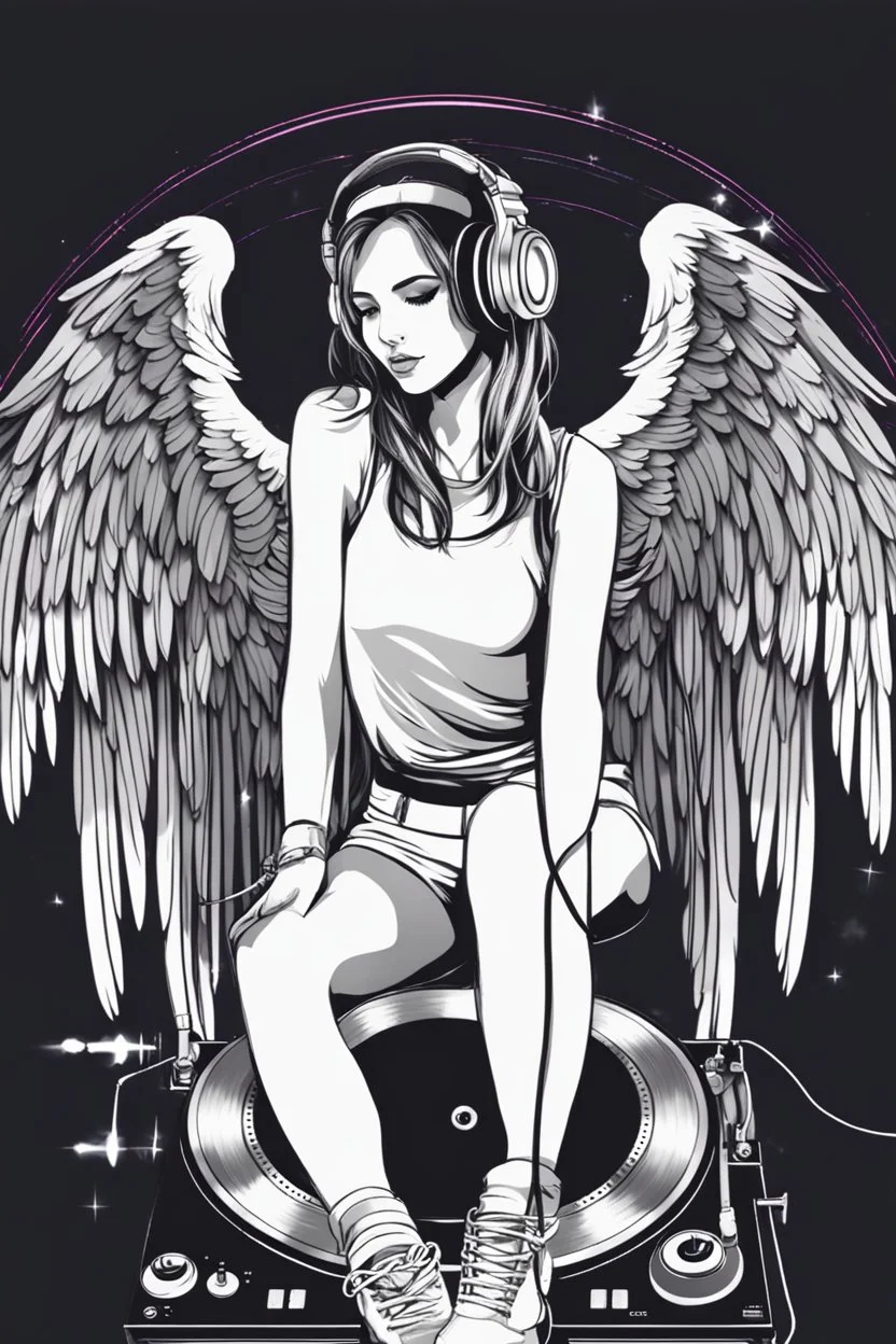 Angels wings pretty girl with headphones playing music on a turntable, dj rave party disco club