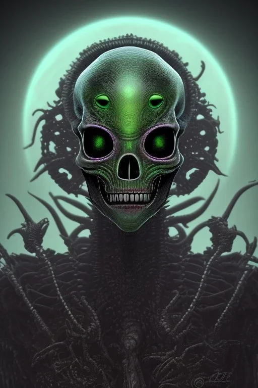 green alien, head, evil, black eyes, weapons, blood, 8k, finely detailed, photo realistic, HR Giger style turquoise skull head red Mohak Mexican alien moon skeleton sombrero Blackground