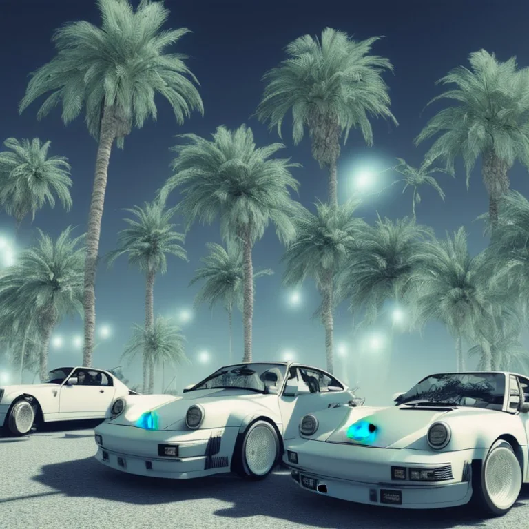 1980's aesthetic vaporwave palm trees and spheres and glowing Porsche