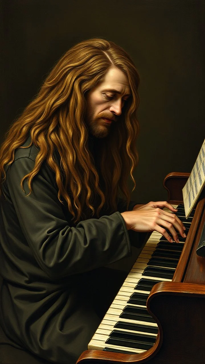 Hieronymus Bosch style , a man with long hair playing the piano