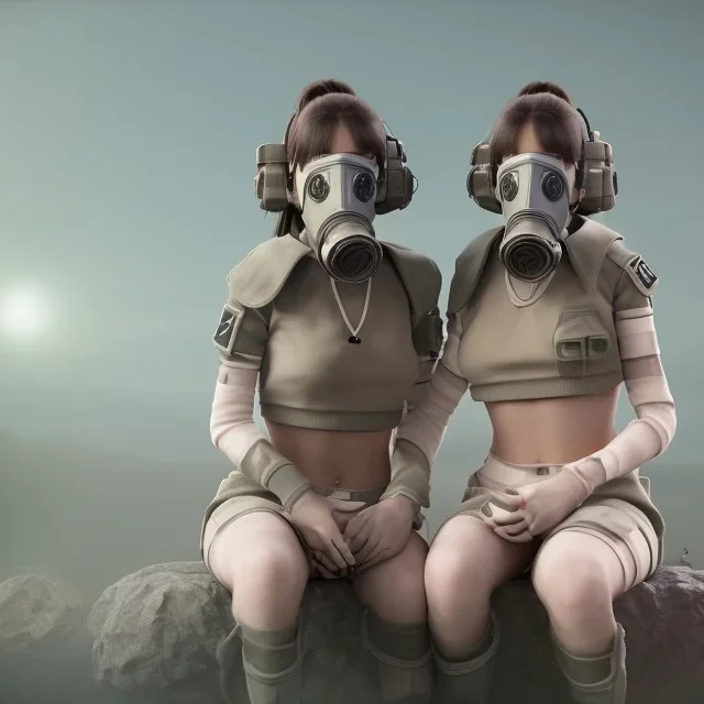 cute girls sitting at the computer in military gas masks. the masks are checkered.