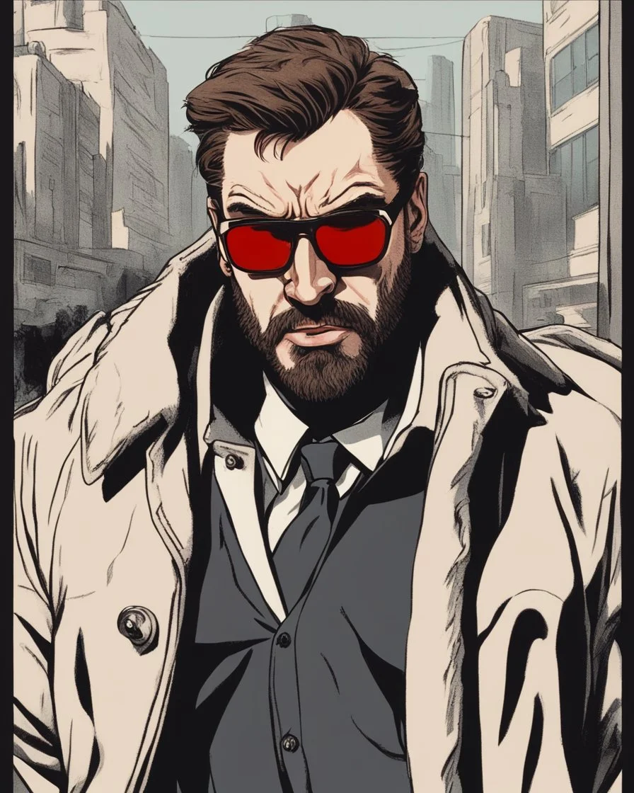 a young man with big muscles who looks like hans gruber wearing a heavy coat and red sunglasses staring with an irritated look on his face