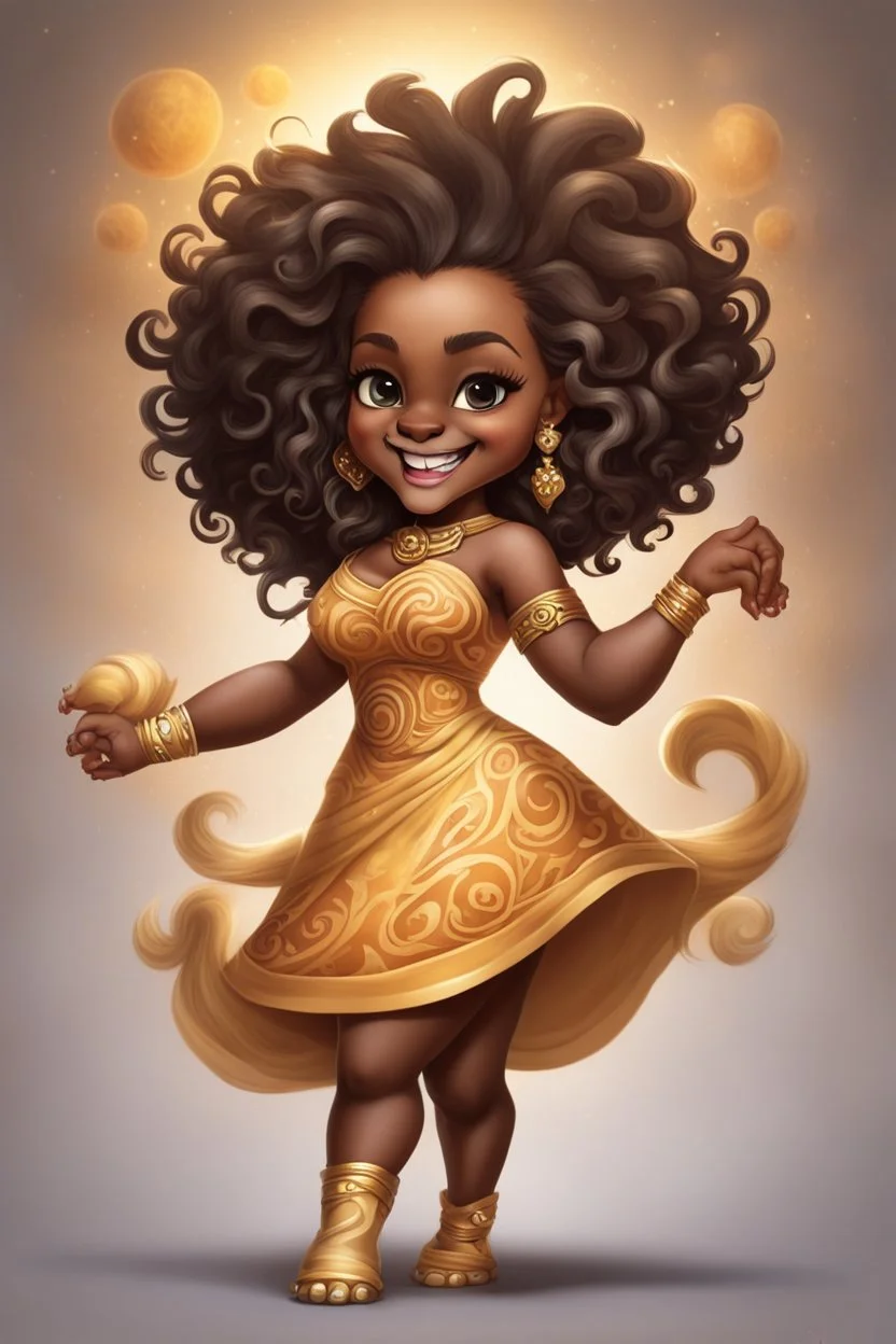 A fearless curvy dark-skinned airbrushed chibi swishes her lion tail excitedly, wearing a dress decorated with the Leo astrology symbol. With mane-like hair wild with curls, she smiles wide, showing off fangs. She stands arms and legs spread, steadfast as a lioness, demonstrating Leo courage and leadership.