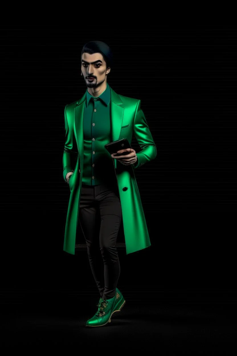 Modern guy, 20s, "holding ipad in left hand", looks like a renaissance painting, walking forward, full body, "persian green coat", blue pants, "right hand in to the ground". "Front facing" "forward view" black background