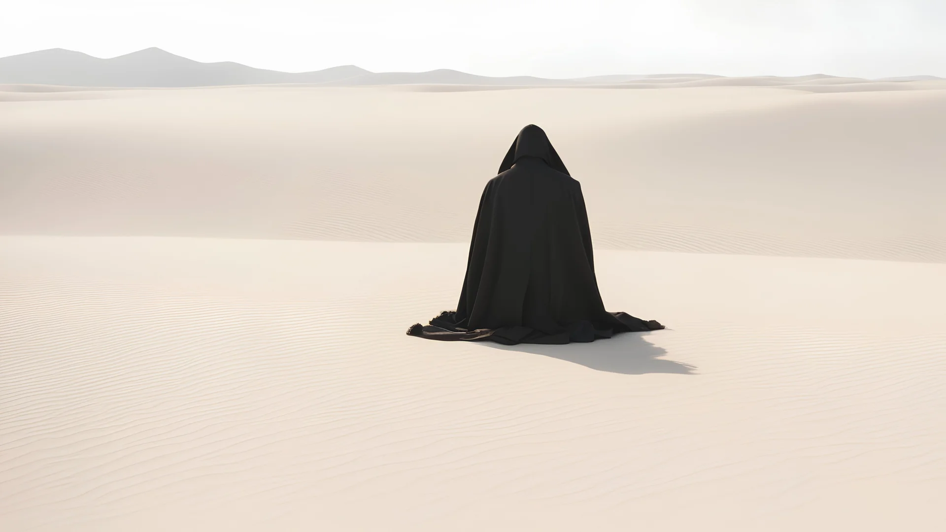 The priest is about to lie on the ground in fear looking to god in the desert , full view, side view very light bluish environment, 4k realistic photo