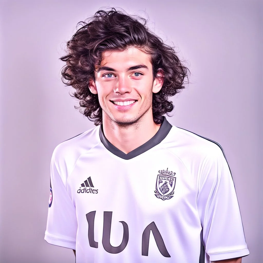 85mm DSLR color photography of a very detailed headshot fitting all of head and hair in frame. 20-year-old English soccer player, with black hair color and with small facial hair and is black with a small smile, grey background