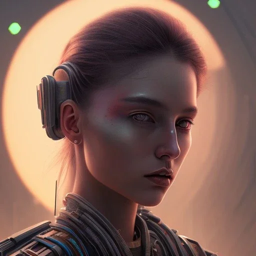 molly millions, closeup portrait of a young beautiful cyberpunk woman, mirror eye implants, black hair in a rough bun, sunset, neuromancer, street samurai, cyberpunk city background, megacity, gorgeous view, depth, painted by seb mckinnon, high detail, digital art, painted by greg rutkowski, trending on artstation