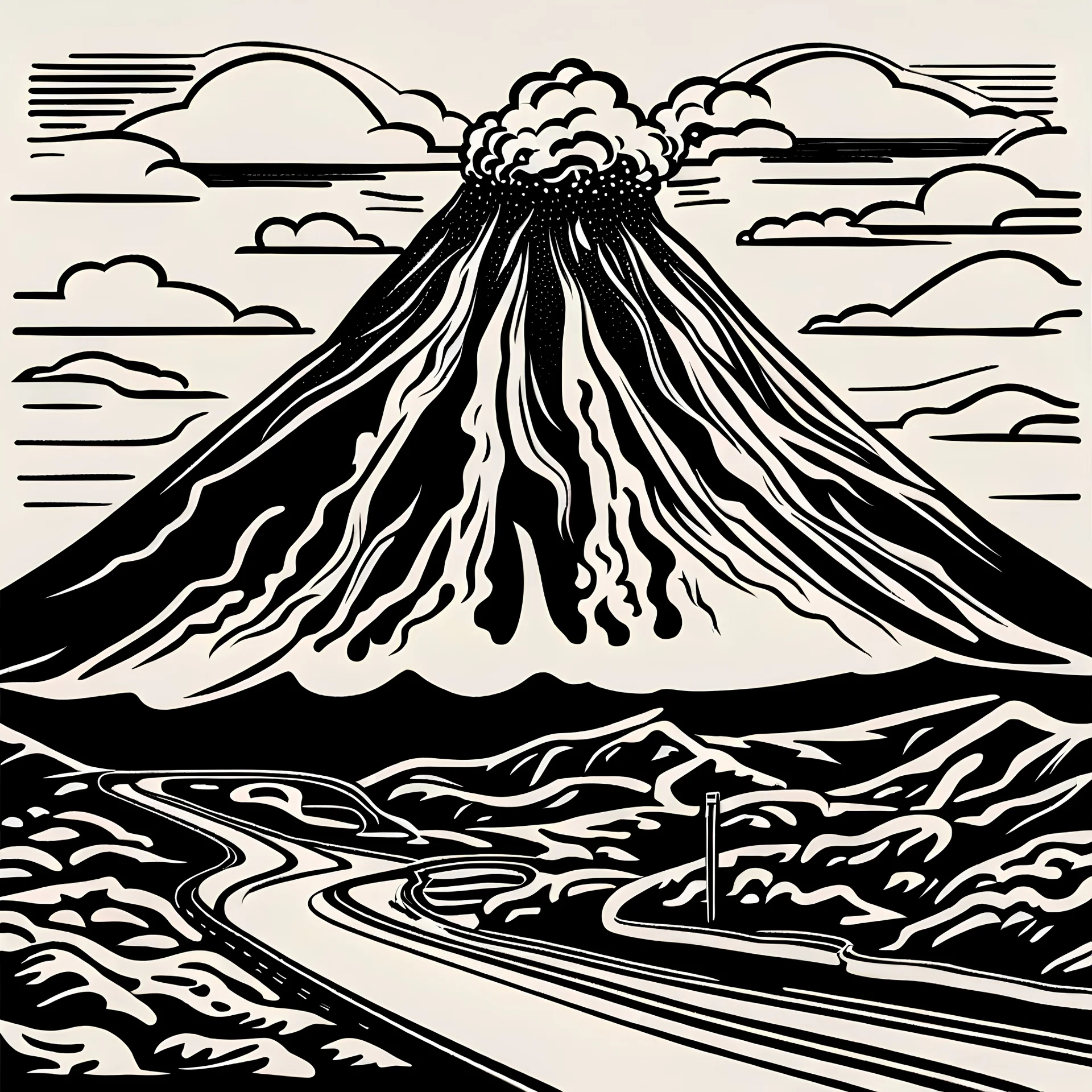 pictogramme noir et blanc de volcan avec route