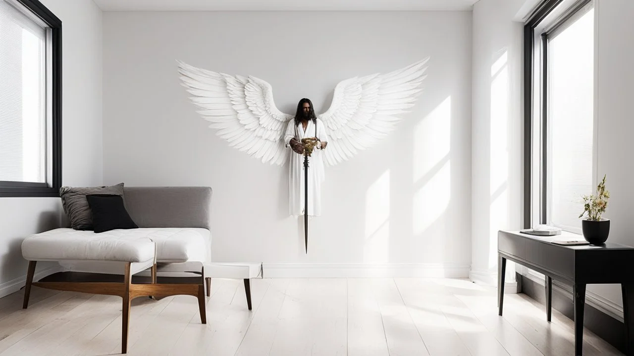 [art by Slipknot] angels with the powerful sword of repentance in a small, cozy apartment in NYC. The walls are painted white, the floors are polished and the furniture is simple and functional. Uriel, the angel of repentance