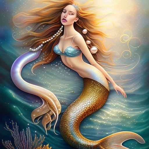 watercolor fantasy open sea waves mermaid curls pearls sky pearls gold glitter liquify