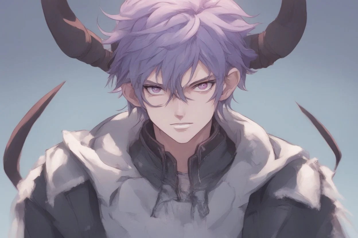 Young anime man with demon horns, fangs, messy purple hair and blue eyes