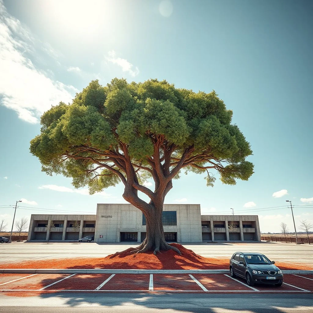 Photograph, fake tree, bright, limit of the world, edificio elicoidale, spacious parking spaces, Truman show, brutalist concrete architecture, sky, brutalist, liquid, polvere, red spot, open air museum style, blue wire, apparecchi elettronici, powder, punto, minimalist, details of the dust very accentuated, deep 3d field