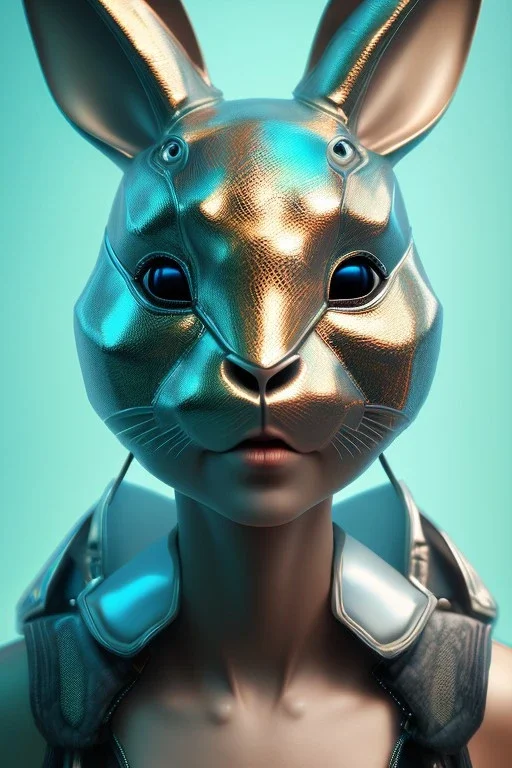 Portrait Sweet Rabbit ceramic mask, punk, cyan suit, photo studio, black background, unreal engine 5, concept art, ray tracing, lumen lighting, ultra detail, volumetric lighting, 3d.