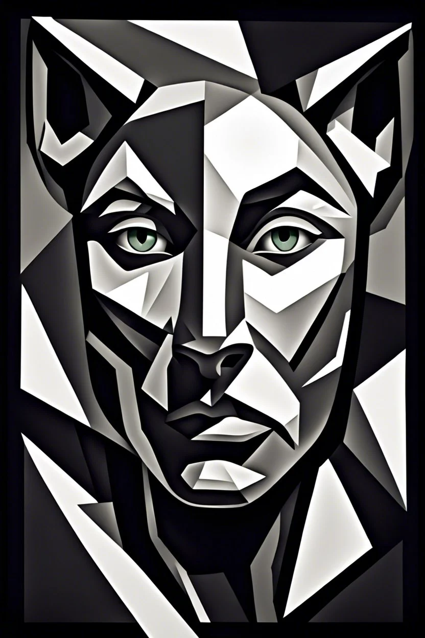 portrait of a women-panther mutant in Cubism matte monocrome color , amorphe dark-white shapes and shadows in backgroundhigh contrast, detailed, dark , noir, thriller, deep dark colors, gloomy, cinematic