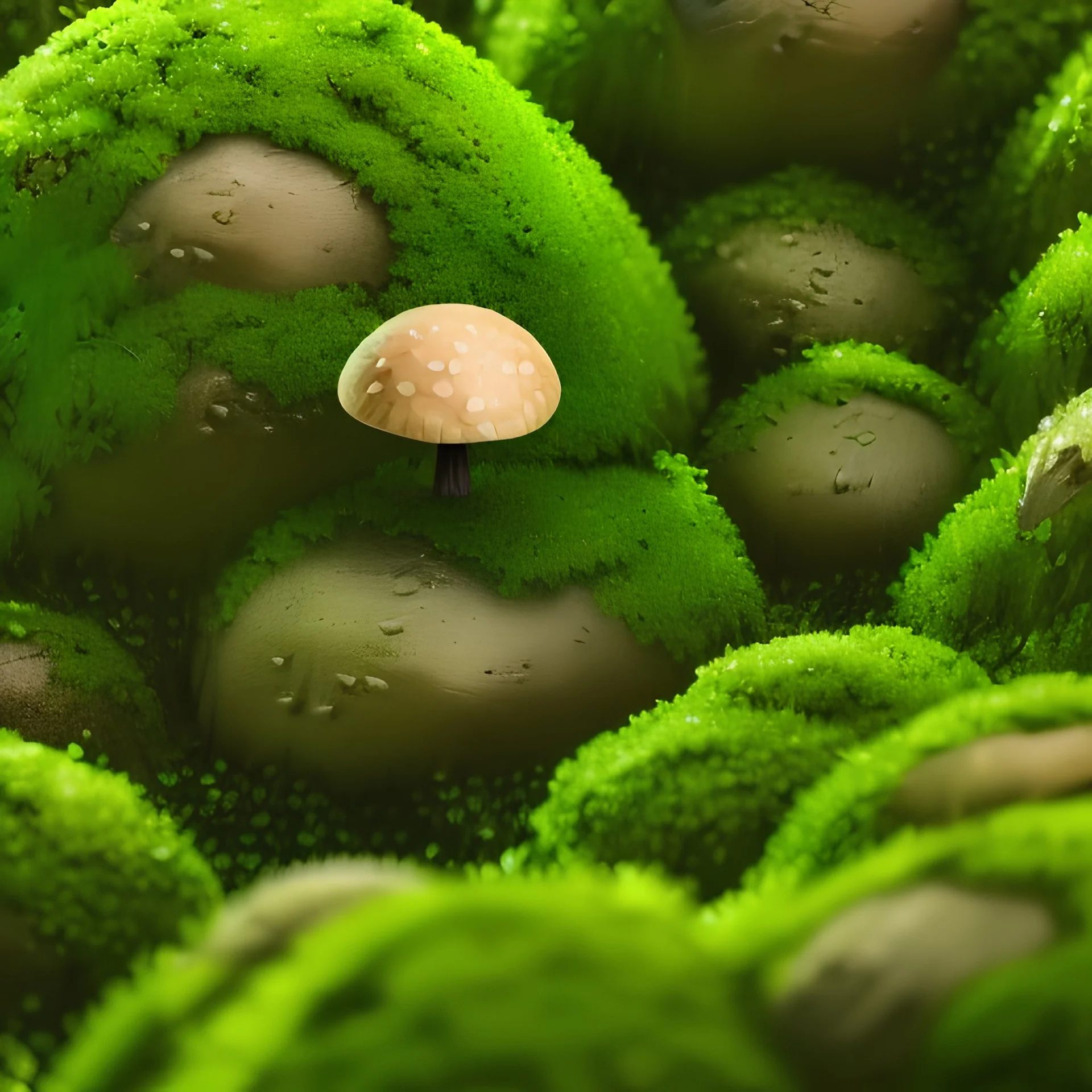 microphotography mushroom growing in a mossy dense lush green woods, high definition, detail, HD, 8k, realistic, 3d rendering, blender, photography, fisheye, bulge, tilt shift blur