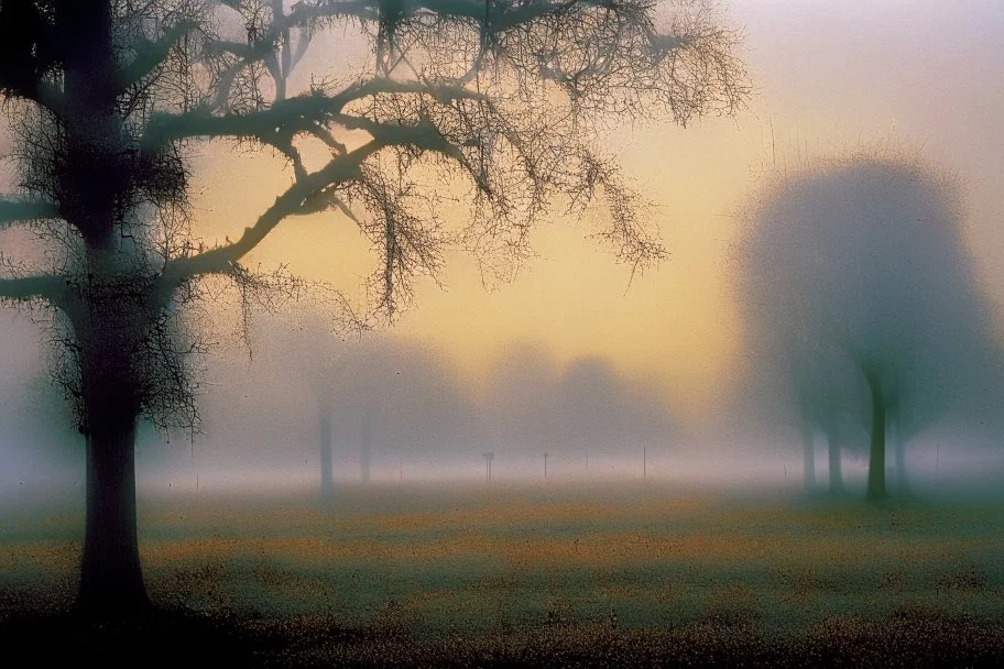 grey morning. the sun rises from its ashes. autumn mists cover the fields. trees, Autochrome style