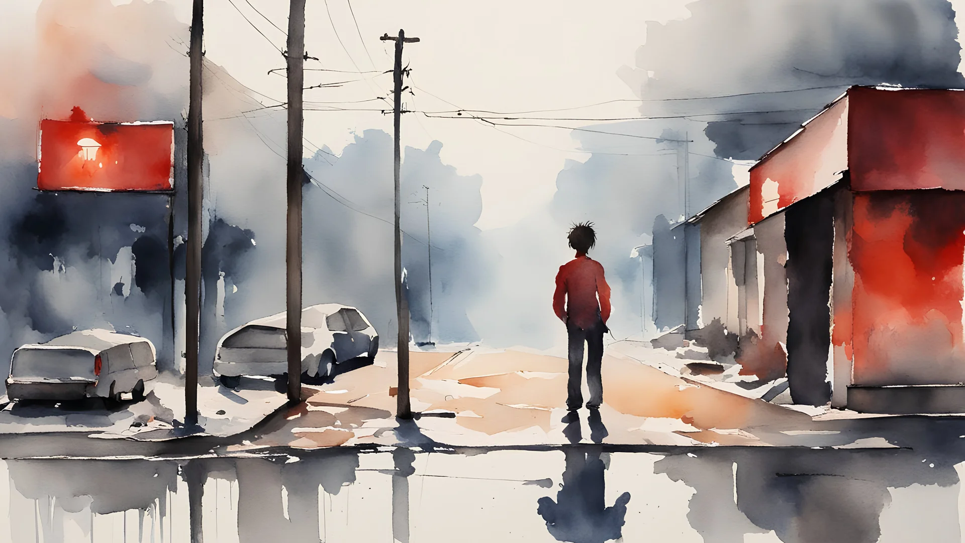 painting. watercolor. poor family. The street behind the red light. Working Child. salesman. minimal