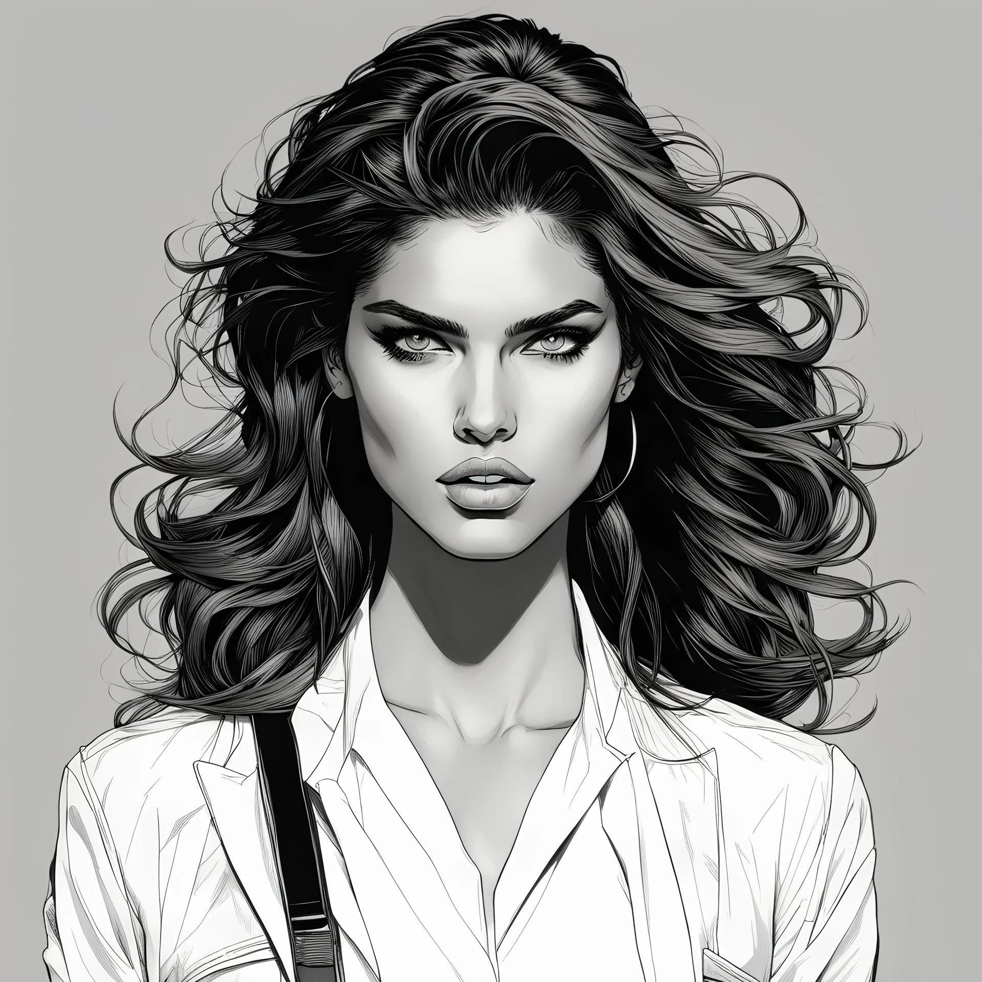 Line art illustration of sara sampaio, with highly detailed hair and facial features in the comic book art style of Bill Sienkiewicz and Frank Miller, 4k, bold and detailed inking and shading