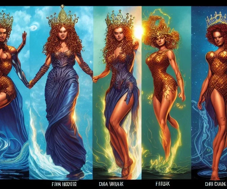 Four doll divine representing each one the four elements: fire, earth, air, and water. Mark Brooks and Dan Mumford, comic book art, perfect, smooth elemental galactic space core royalty queens crown.