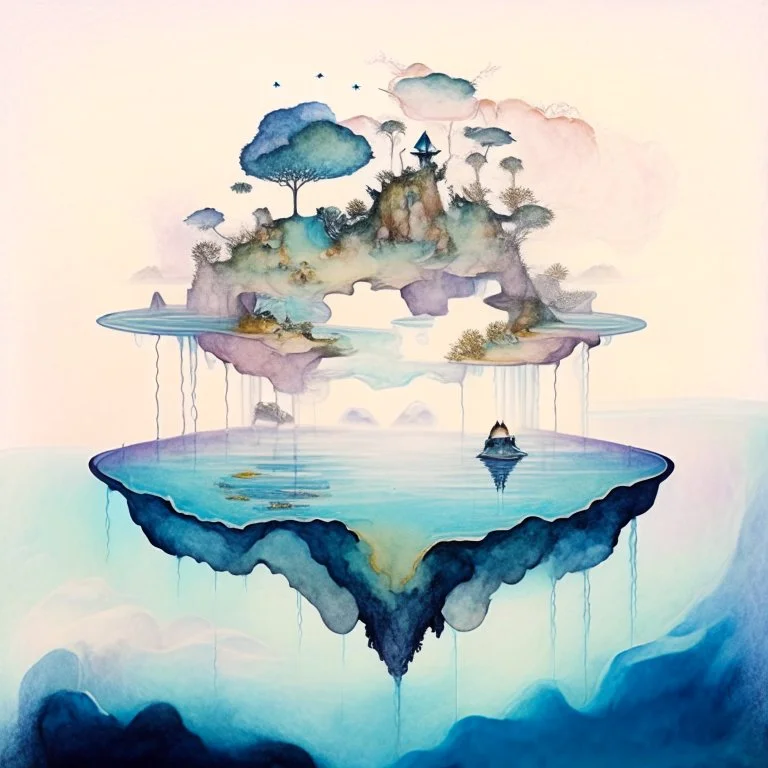 A watercolour painting, A landscape with floating islands suspended in the sky, each representing different states of mind – reality, dream, memory, fantasy, and delusion. The person could be standing on one of these islands, trying to navigate through them, symbolizing their struggle to ground themselves in reality amidst a sea of imaginary worlds.