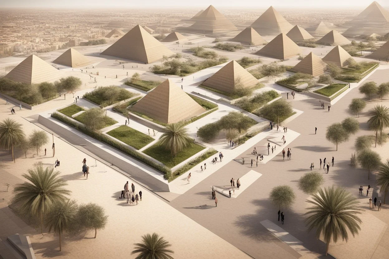 plan of urban design tourist walkway in eygpt with the pyramids , modern street seating , planters