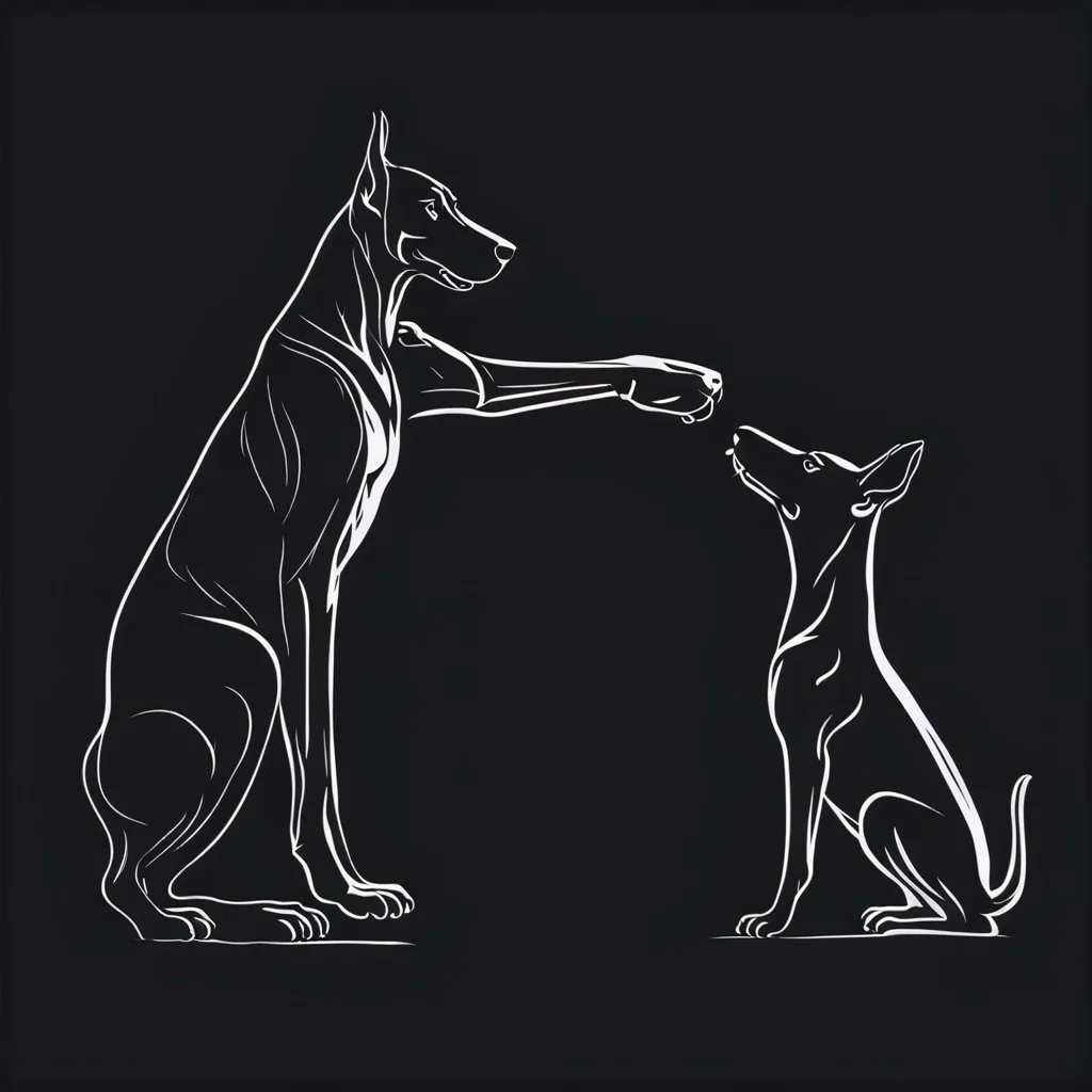 Striking one line art design featuring a side view of a Doberman dog and a man's raised hand in friendly fist bump. The man's arm is isolated, it emphasizes the bond and connection between the two. The Doberman has an affectionate expression. Intense black background. Simple but powerful design, symbolizes the connection between humans and pets