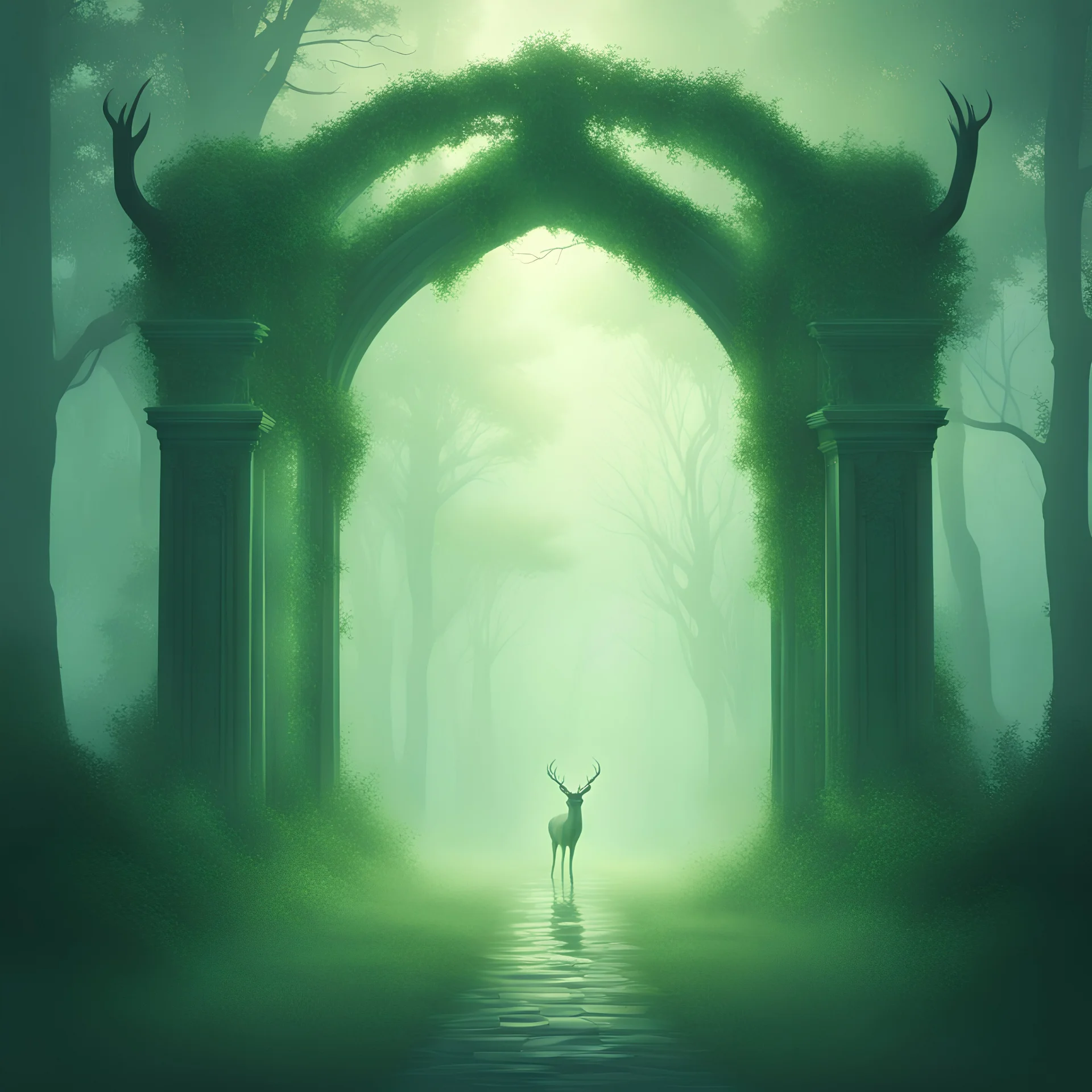 A tall archway in the mist of summerset through it magical deer glow eerie green, in zen illustration art style