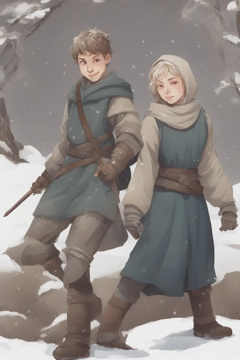 DnD style, two medieval peasant kids playing in the snow male and female, age 14 and 15, happy and playful, he has a short sword.