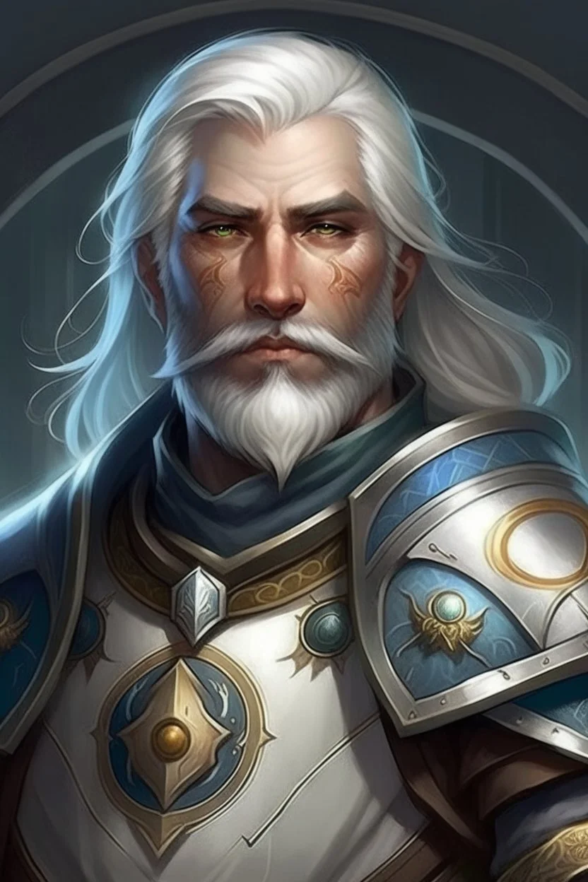 Please create an image for a 30-year old half-aasimar male with silver hair and a short, square beard and blue eyes. He is a cleric of Selune, whose symbol should be placed on the cleric's shield, if visible in the image. The cleric should be wearing either medium or heavy armor, and carrying a warhammer or a mace and a shield